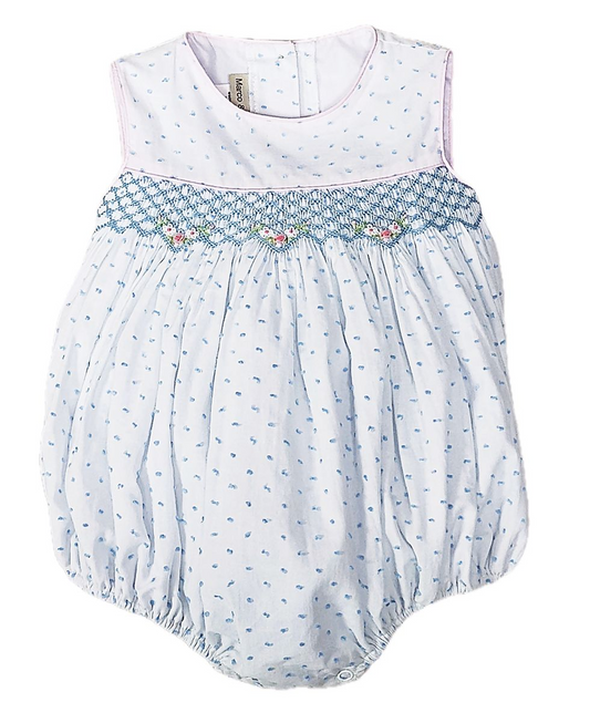 Sweet Spring - Blue smocked plumeti baby girl bubble (A-0013BF)