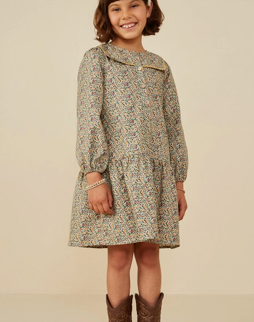 Wavy Twill Trimmed Sailor Collar Printed Dress - Tween