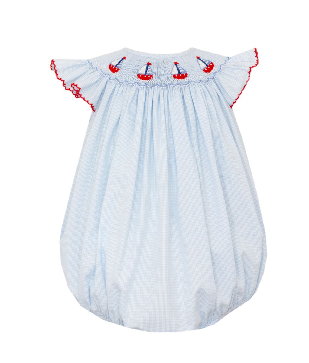 Sailboats Girl's - Lt. Blue Microgingham Angel Wing Bishop Bubble