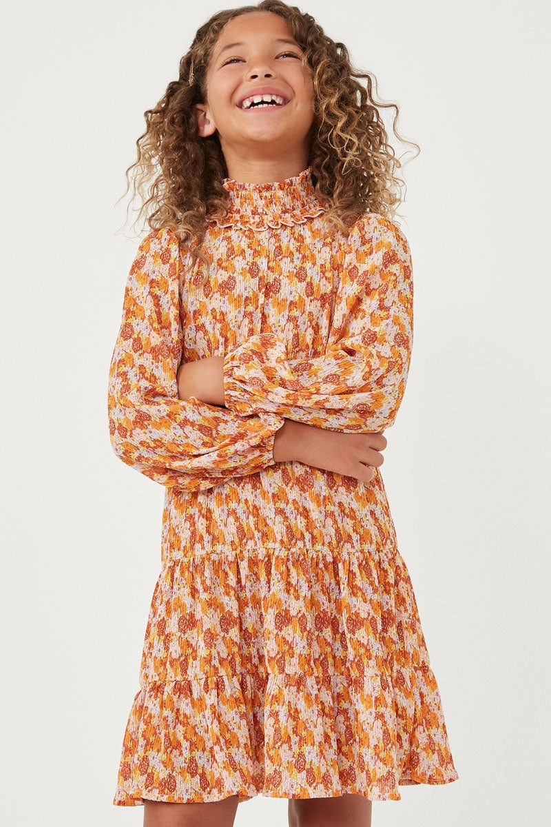 Floral Print Smocked Detail Puff Sleeve Dress - Rust - Tween