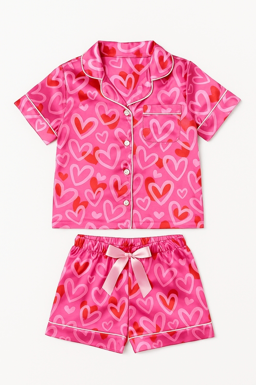 Heart Short Sleeve Satin Pajama Short Set