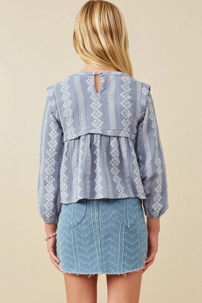 Embroidery Printed Smocked Long Sleeve Top - Dusty Blue - Tween