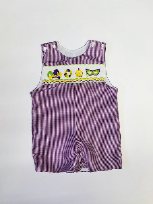 Mardi Gras Carnival Smocked Boy Shortall Lavender