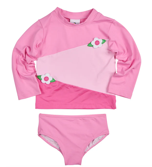 Colorblock Rash Guard Tankini With Flowers