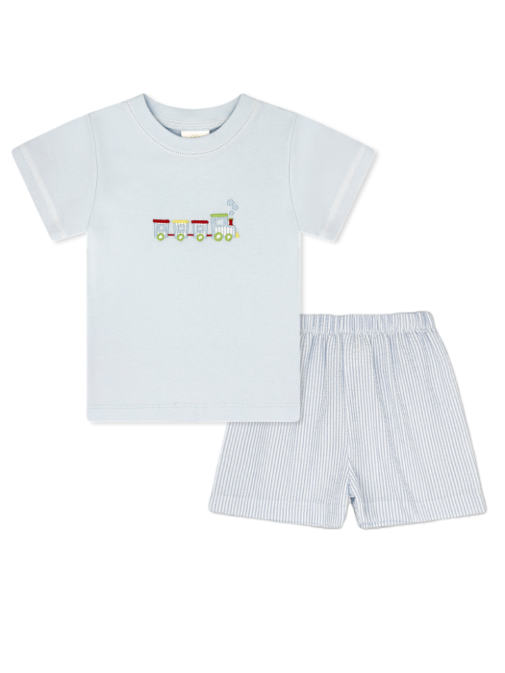Preston Short Set - Train Embroidery w/ Seersucker Shorts