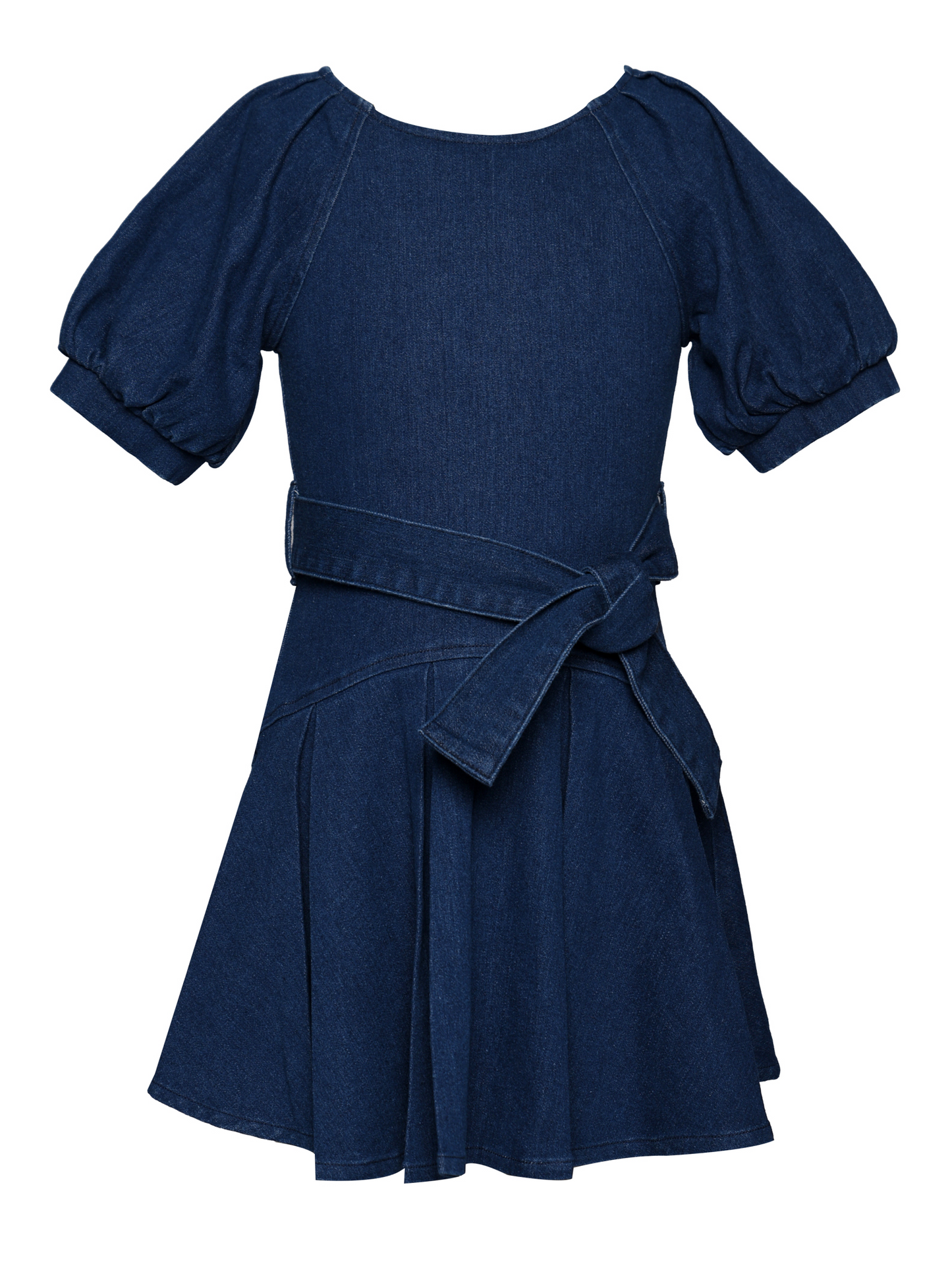 Denim Puff Sleeve Fit & Flare Dress w/Sash