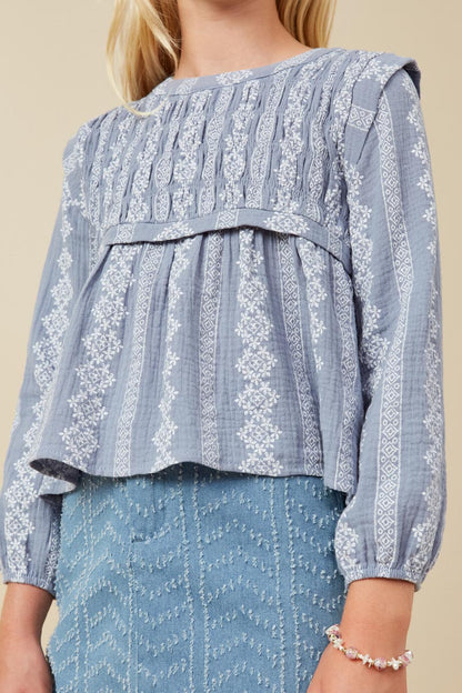 Embroidery Printed Smocked Long Sleeve Top - Dusty Blue - Tween