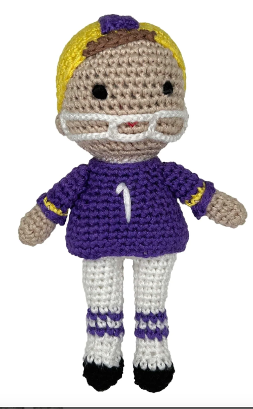 Bamboo Football Player Rattle 5" Purple/Gold