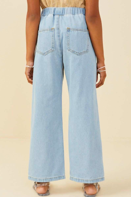 Wide Leg Drawstring Waist Denim Pants - Tween