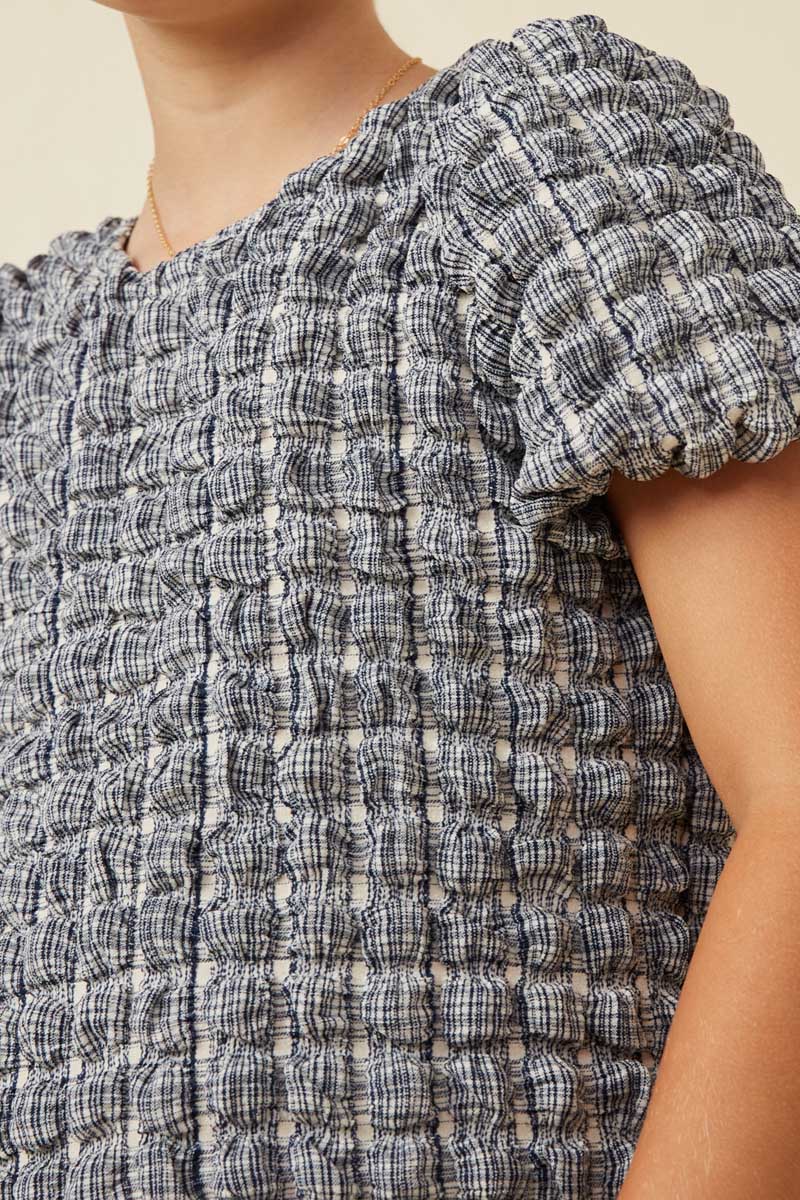 Waffle Textured Puff Sleeve Top - Navy - Tween