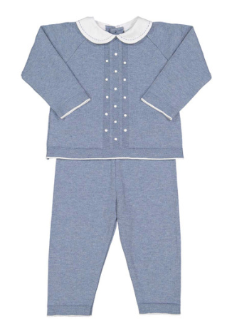 Pique Collar Dot Knit Set - Blue
