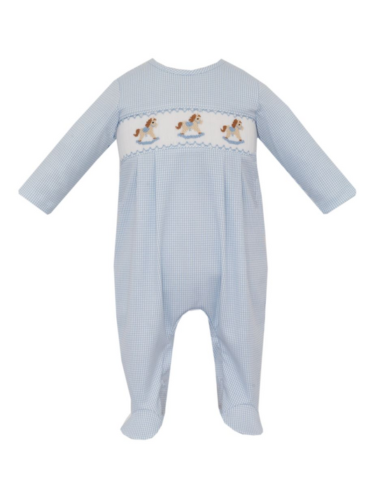 Rocking Horse - Blue Check Boy's Long Footie w/Feet L/S 438I
