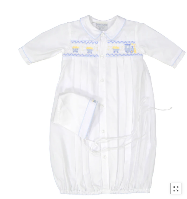 Train Smocked Take Me Home Gown with Hat - white/blue