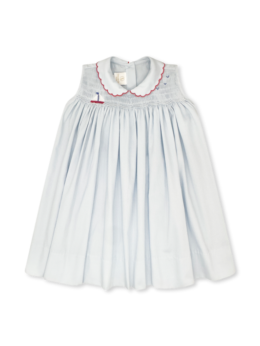 Ella Dress - Brentwood Blue w/ Smocked Sailboat