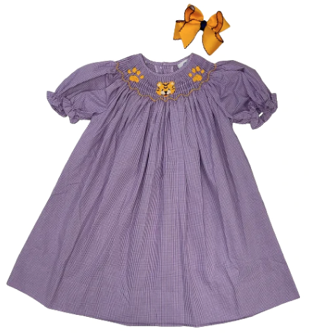 Smocked Bishop Dress - Purple/Gold
