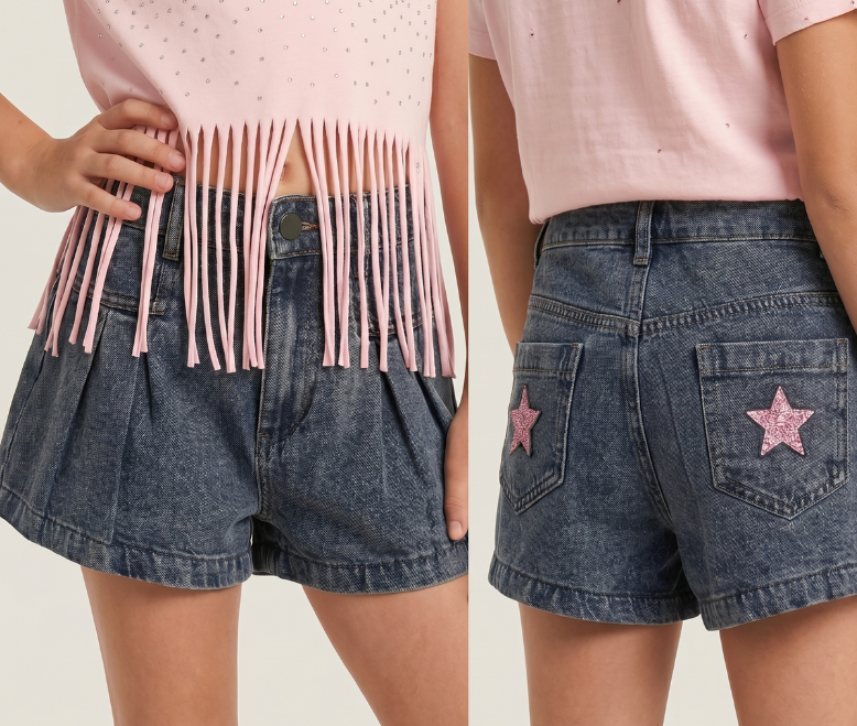 Stars Applique Back Pocket Pleat Front Denim Shorts - Tween