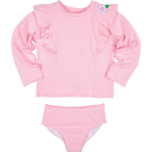Stripe Seersucker Rashguard Swimsuit W/Flower C6217