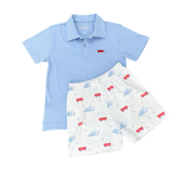 Blue Polo W/ Wagon, Puppy Dog Tails Knit