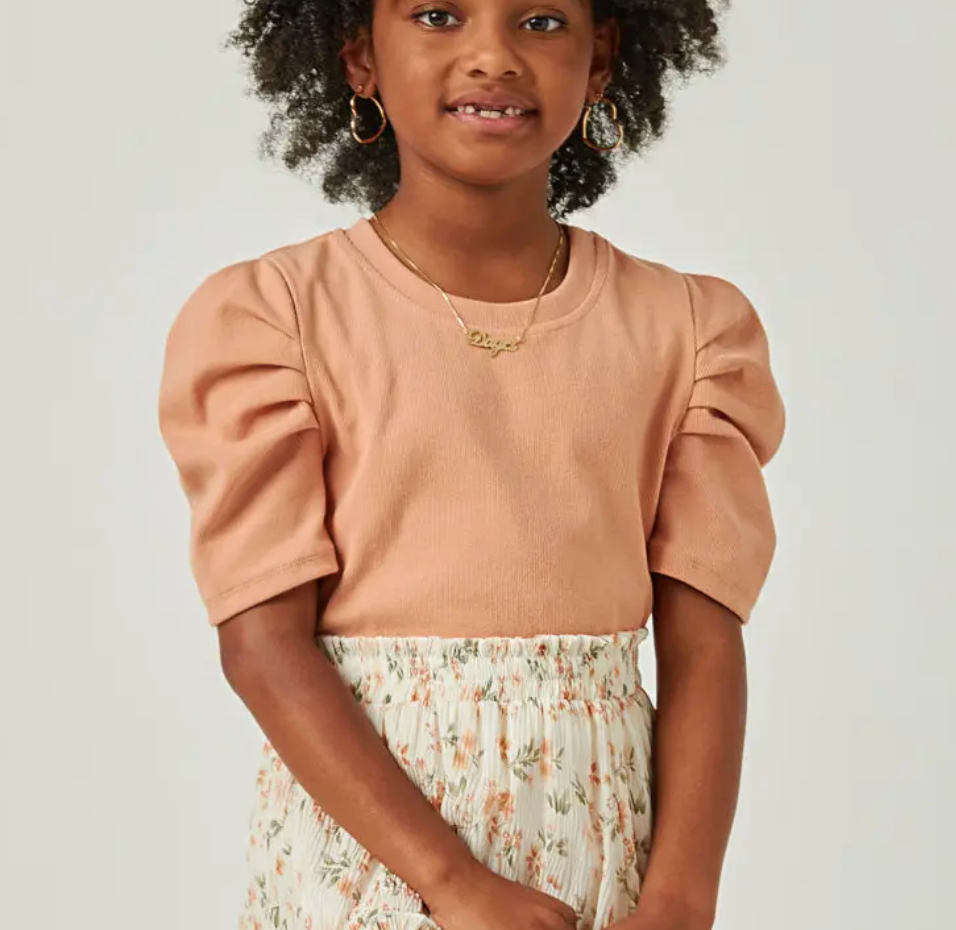 Ribbed Pleated Shoulder Puff Sleeve Top Mauve - Tween