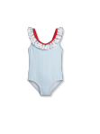 Sarah Swimsuit - Blue and White Stripe w/ Beachside Breeze Ruffle