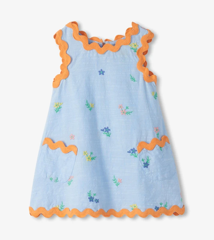 Embroidered Flowers Chambray Pinafore Dress
