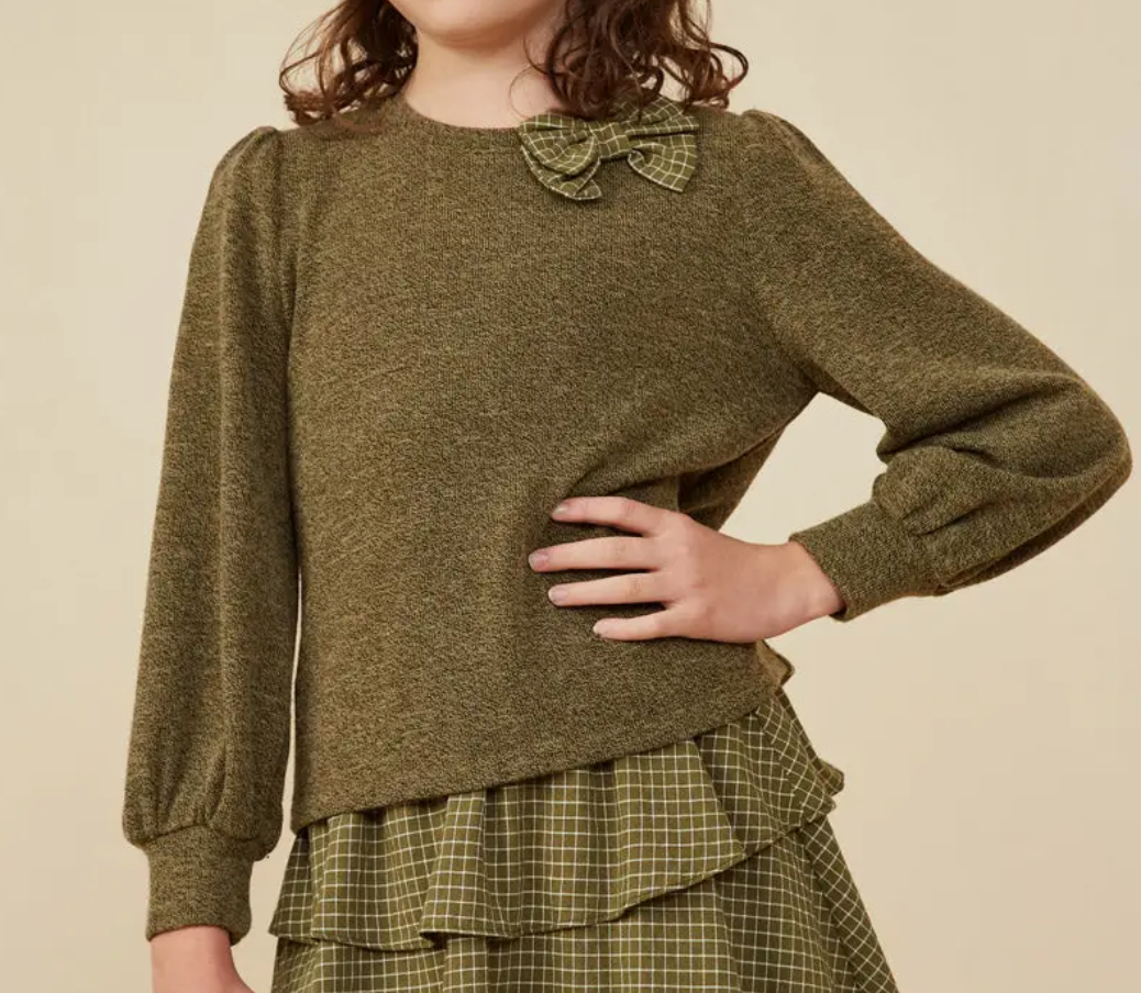 Contrast Plaid Bow Textured Knit Top Olive - Tween
