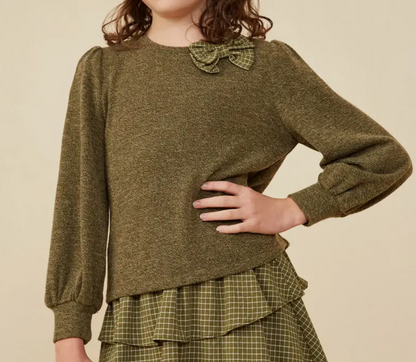 Contrast Plaid Bow Textured Knit Top Olive - Tween