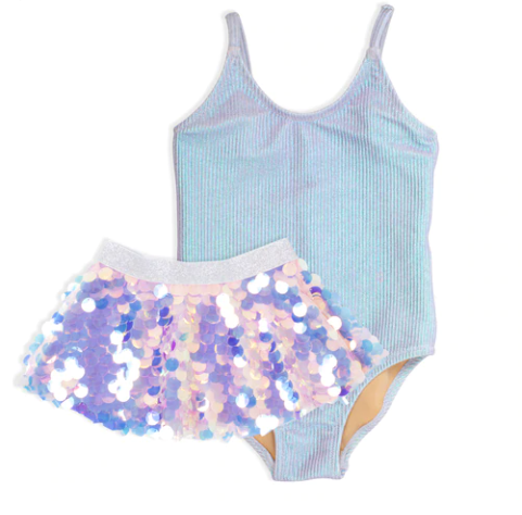 Silver Ribknit Swimsuit with Sequin Skirt