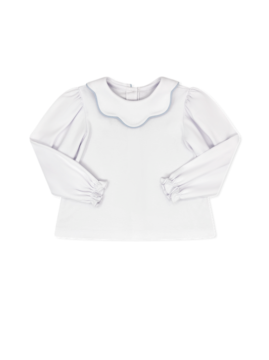 Scarlett Scallop Blouse L/S - White W/ Blue Piping