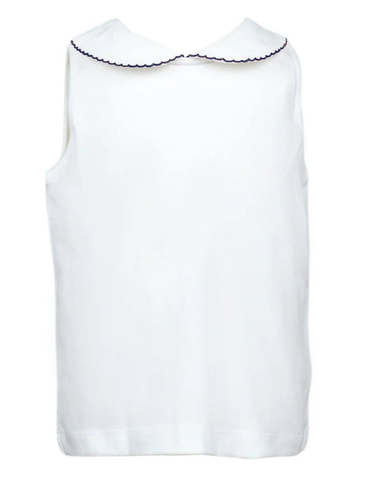 Sleeveless White Shirt with Navy Trim