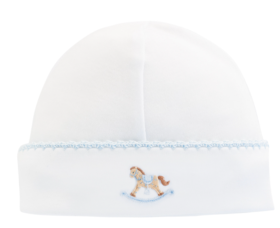 cute rocking horse Blue round hat w/crochet trim