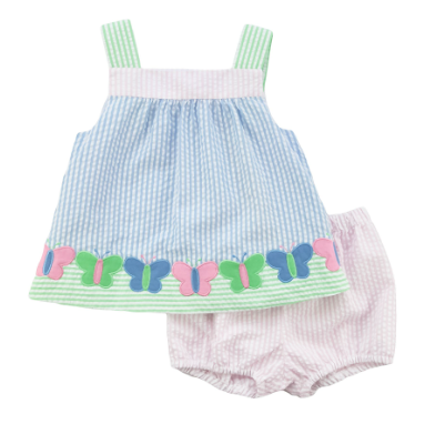Seersucker Dress & Bloomer With Butterflies 4541