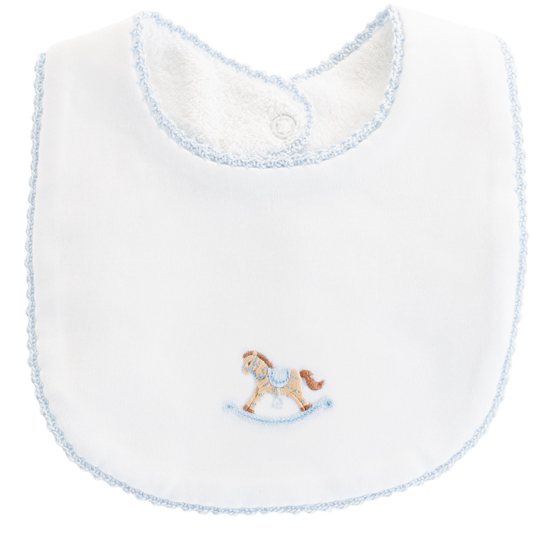 cute rocking horse Blue embroidered bib with crochet trim