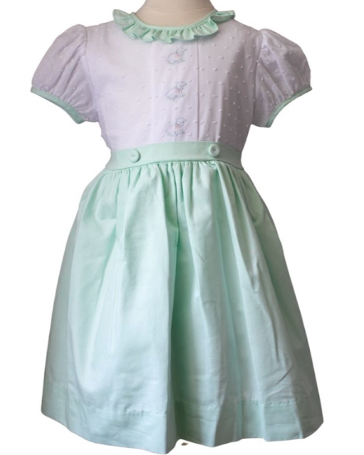 Elle Button Dress White Swiss Dot Embroidered Lamb