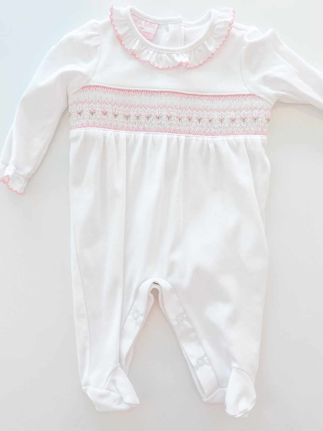 Geometric Smocked Footie White and Pink