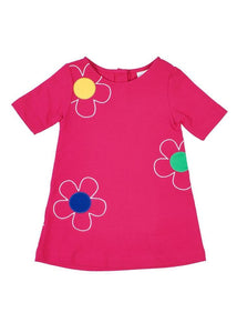 Bright Pink Knit Dress Embroidered Flowers -Toddler Girls