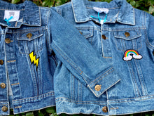 Load image into Gallery viewer, CUSTOM DENIM JACKET- Classic Rainbow Letters WITH Leopard + Rainbow Patch
