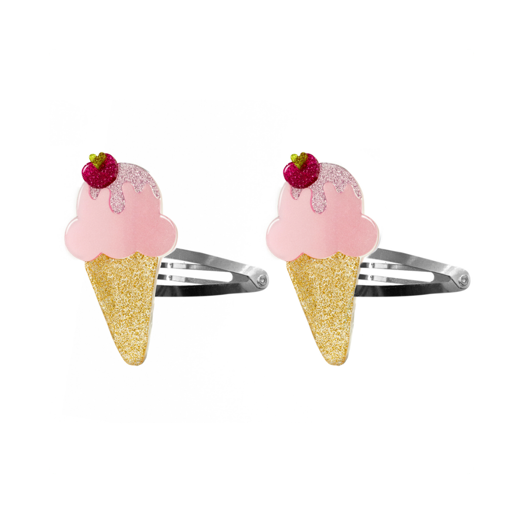 Ice Cream Snap Clips Pink Satin with Glitter