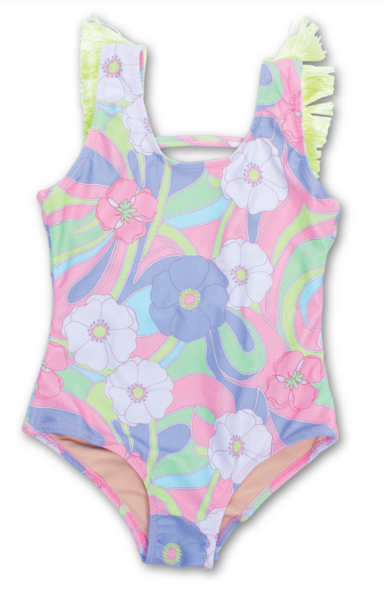 Fringe Back 1 Piece Groovy Daisy Swirl swimsuit