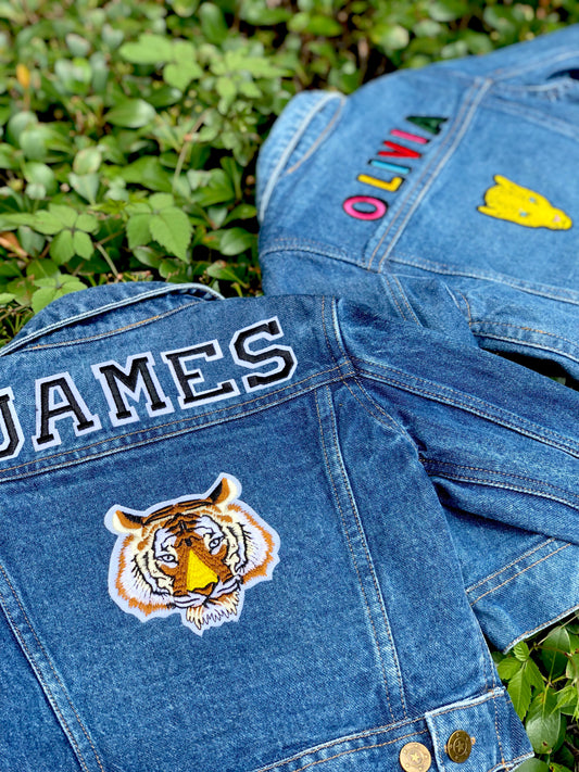 CUSTOM DENIM JACKET- Basic Black + White College Letters NAME ONLY