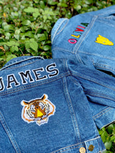 Load image into Gallery viewer, CUSTOM DENIM JACKET- Basic Black + White College Letters NAME ONLY
