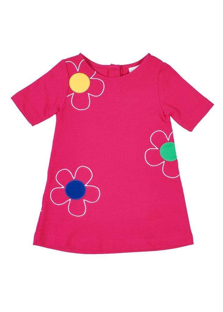 Bright Pink Knit Dress Embroidered Flowers - 4-6 Girls