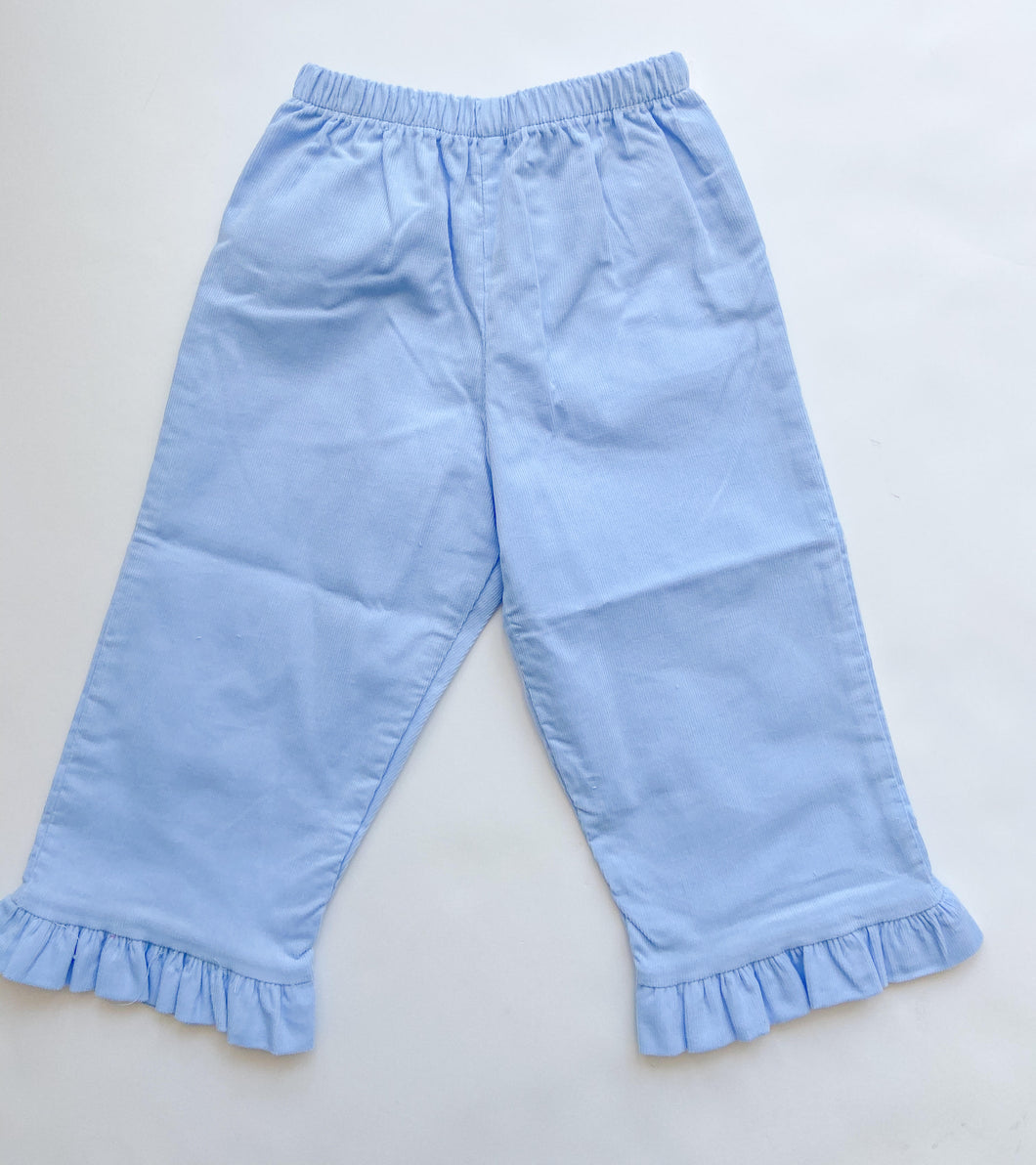 Lt Blue Cord Elastic Ruffle Pant - Toddler Girls