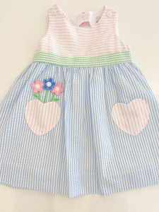 Seersucker Dress with Heart Pocket and Flowers
