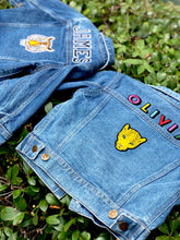 Load image into Gallery viewer, CUSTOM DENIM JACKET- Classic Rainbow Letters WITH Leopard + Rainbow Patch